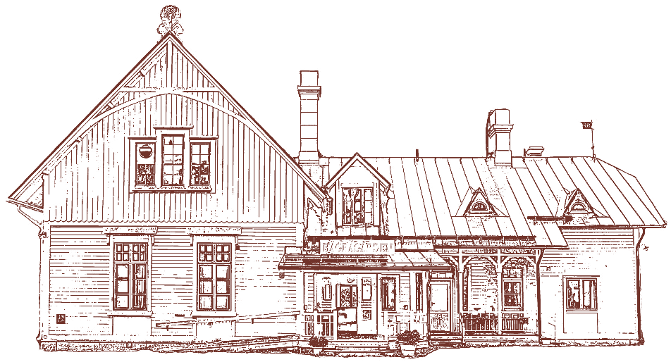 Illustration av Hägragårdens fasad — den gamla skolbyggnaden från tidigt 1900-tal